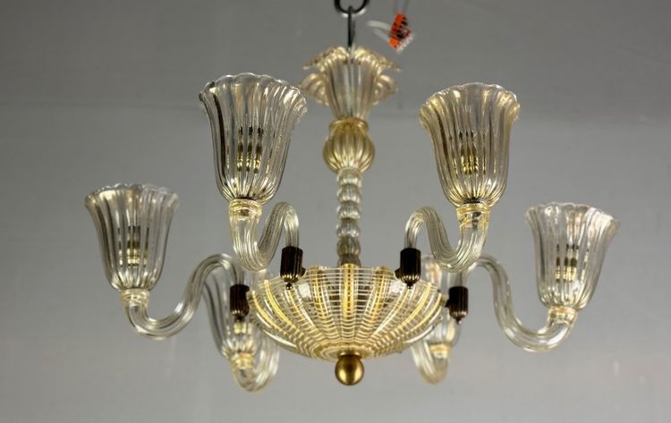 Lustre Vénitien En Verre De Murano Doré Et à Reticello , 6 Bras De Lumière Vers 1950