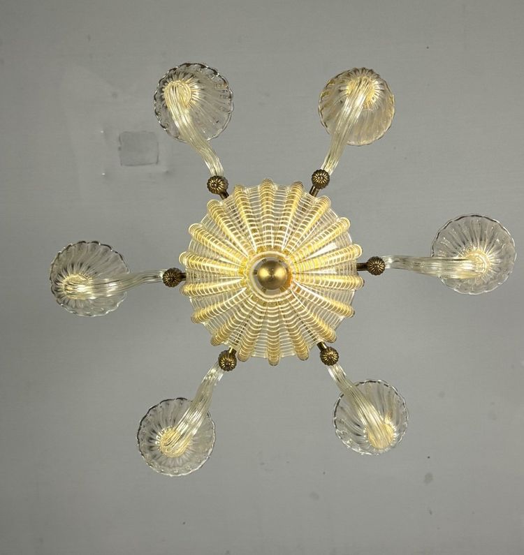 Lustre Vénitien En Verre De Murano Doré Et à Reticello , 6 Bras De Lumière Vers 1950