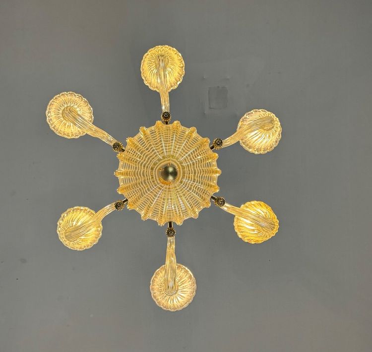 Lustre Vénitien En Verre De Murano Doré Et à Reticello , 6 Bras De Lumière Vers 1950
