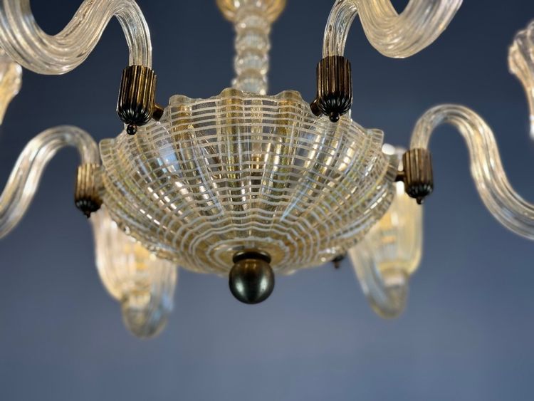 Lustre Vénitien En Verre De Murano Doré Et à Reticello , 6 Bras De Lumière Vers 1950