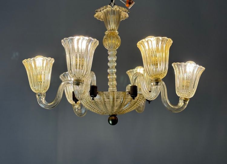 Lustre Vénitien En Verre De Murano Doré Et à Reticello , 6 Bras De Lumière Vers 1950