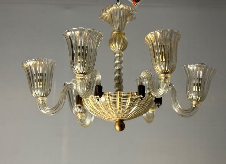 Lustre Vénitien En Verre De Murano Doré Et à Reticello , 6 Bras De Lumière Vers 1950