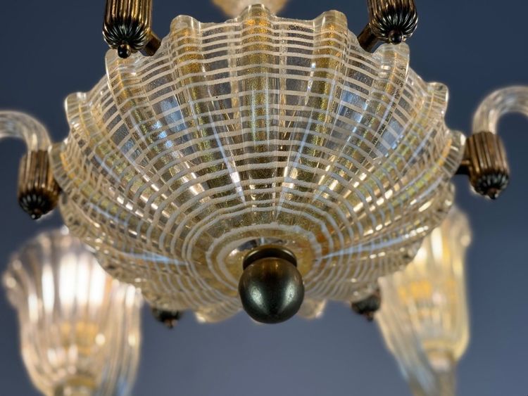Lustre Vénitien En Verre De Murano Doré Et à Reticello , 6 Bras De Lumière Vers 1950