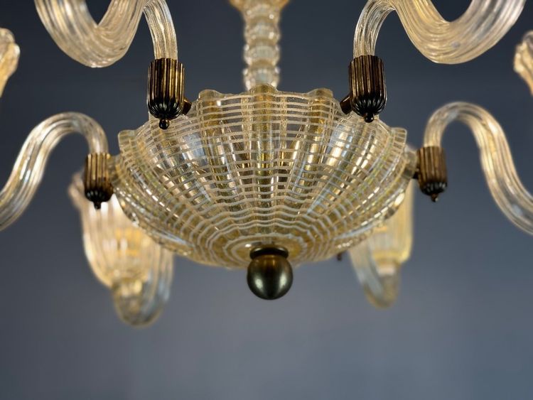 Lustre Vénitien En Verre De Murano Doré Et à Reticello , 6 Bras De Lumière Vers 1950