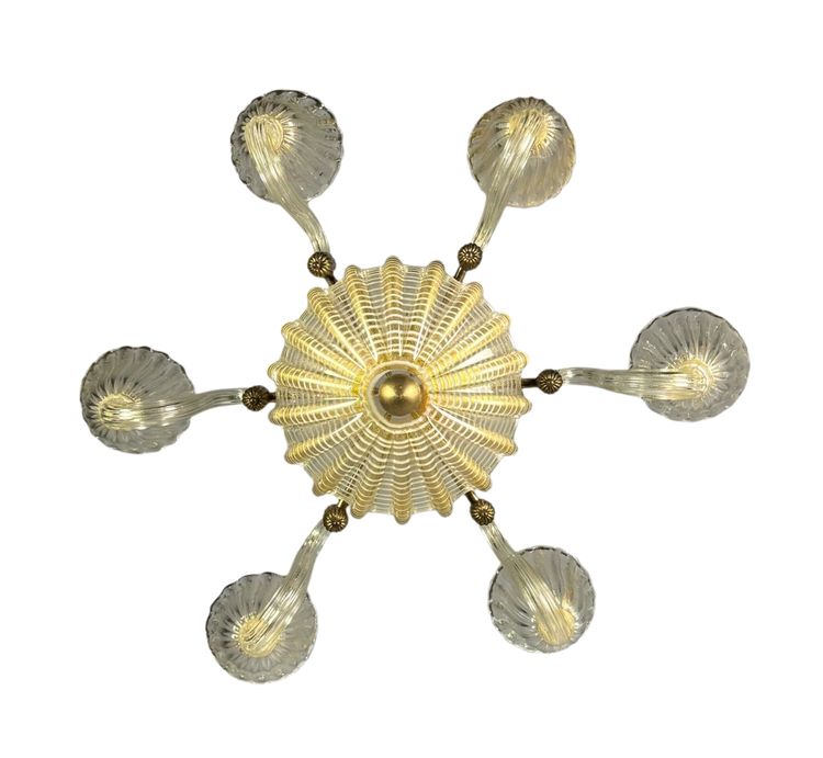 Lustre Vénitien En Verre De Murano Doré Et à Reticello , 6 Bras De Lumière Vers 1950