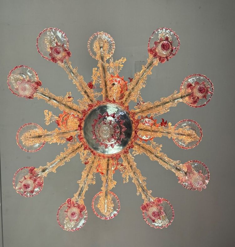 Rezzonico Venetian Chandelier in Clear and Red Venetian Glass Circa 1920