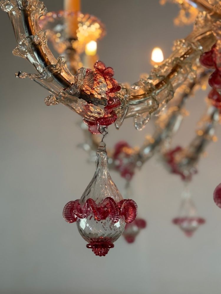 Rezzonico Venetian Chandelier in Clear and Red Venetian Glass Circa 1920