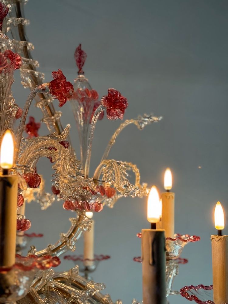 Rezzonico Venetian Chandelier in Clear and Red Venetian Glass Circa 1920