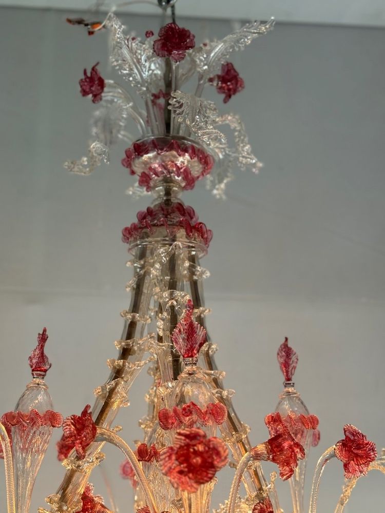 Rezzonico Venetian Chandelier in Clear and Red Venetian Glass Circa 1920