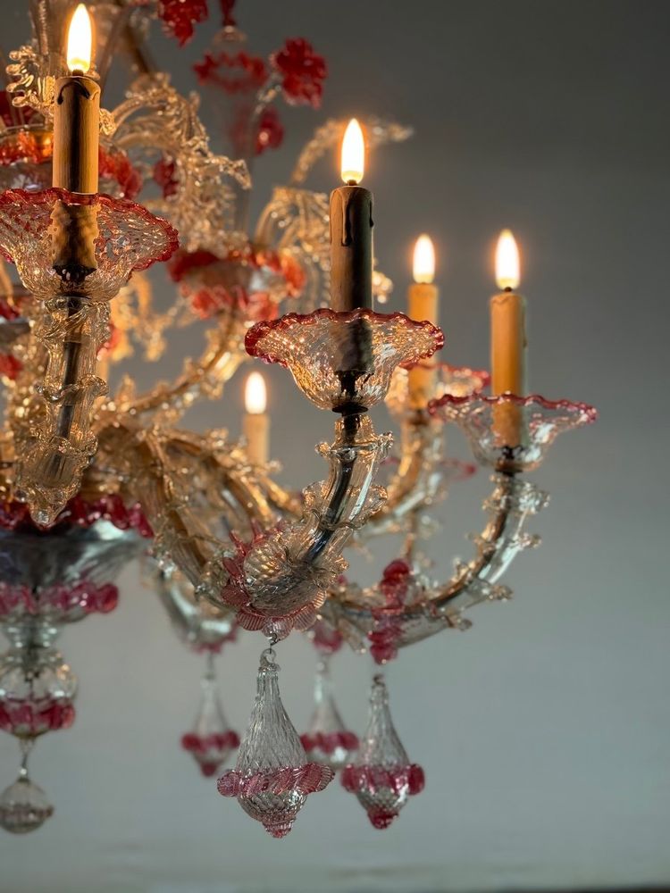 Rezzonico Venetian Chandelier in Clear and Red Venetian Glass Circa 1920