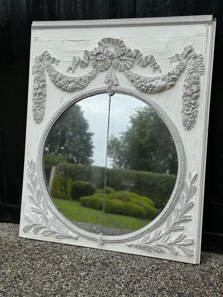 Miroir De Cheminée, Trumeau Louis XVI En Bois Sculpté Rechampi Blanc Et Gris, XVIIIème Siècle