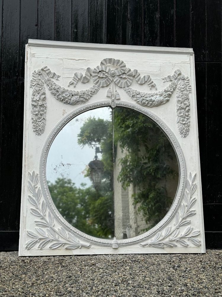 Miroir De Cheminée, Trumeau Louis XVI En Bois Sculpté Rechampi Blanc Et Gris, XVIIIème Siècle