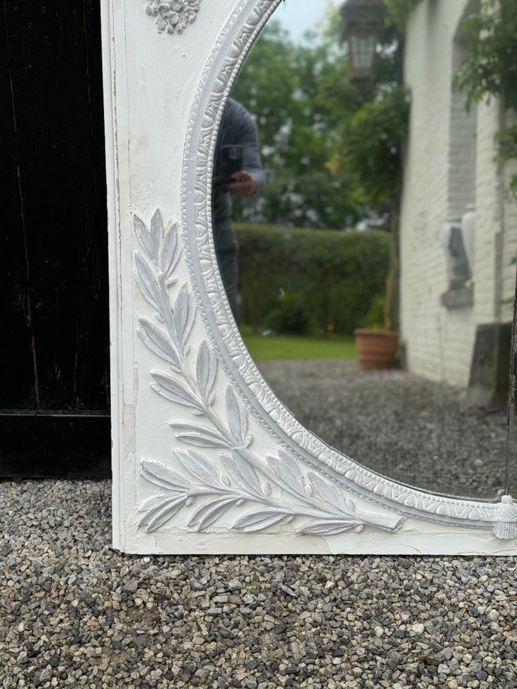 Miroir De Cheminée, Trumeau Louis XVI En Bois Sculpté Rechampi Blanc Et Gris, XVIIIème Siècle