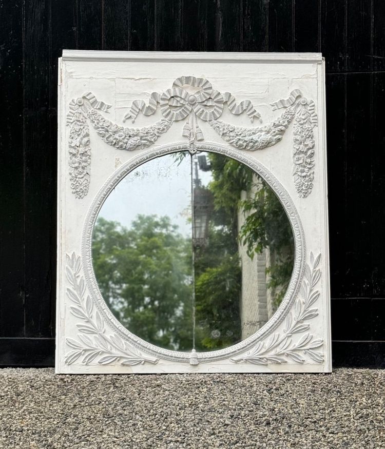 Miroir De Cheminée, Trumeau Louis XVI En Bois Sculpté Rechampi Blanc Et Gris, XVIIIème Siècle