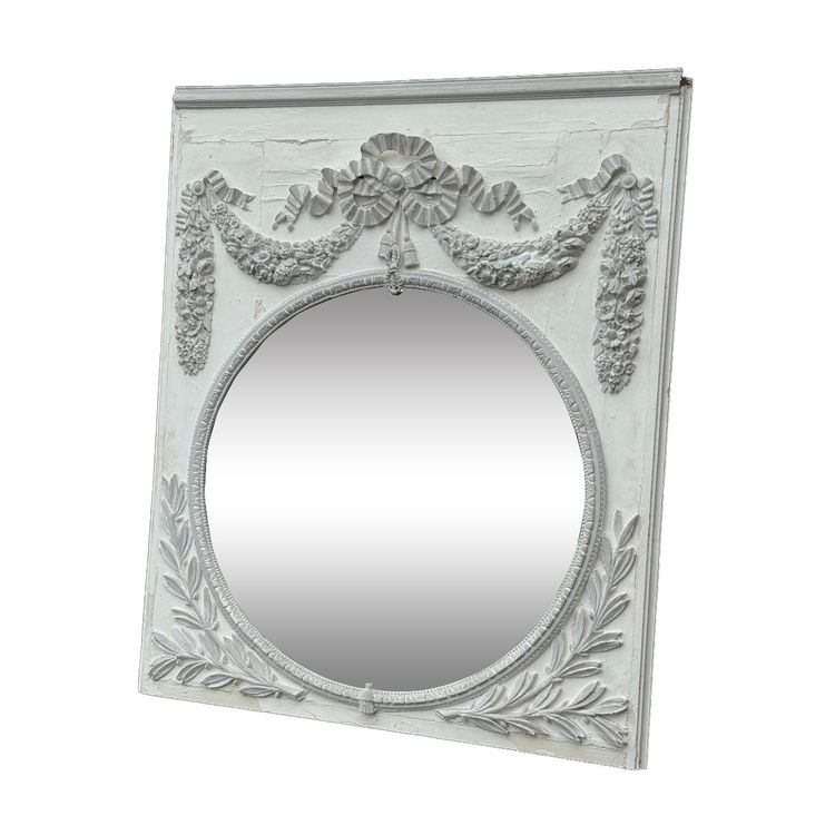 Miroir De Cheminée, Trumeau Louis XVI En Bois Sculpté Rechampi Blanc Et Gris, XVIIIème Siècle