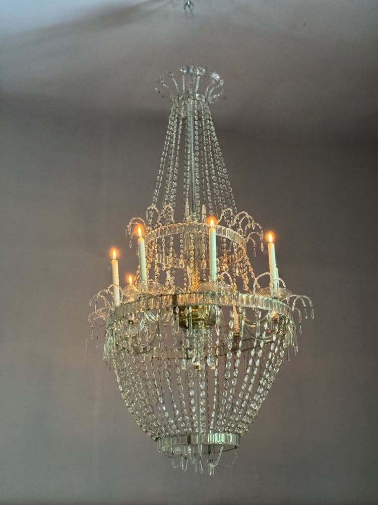 Pearl Bag Chandelier, Cut Crystal Navette Pendants, Circa 1800, Height 170cm