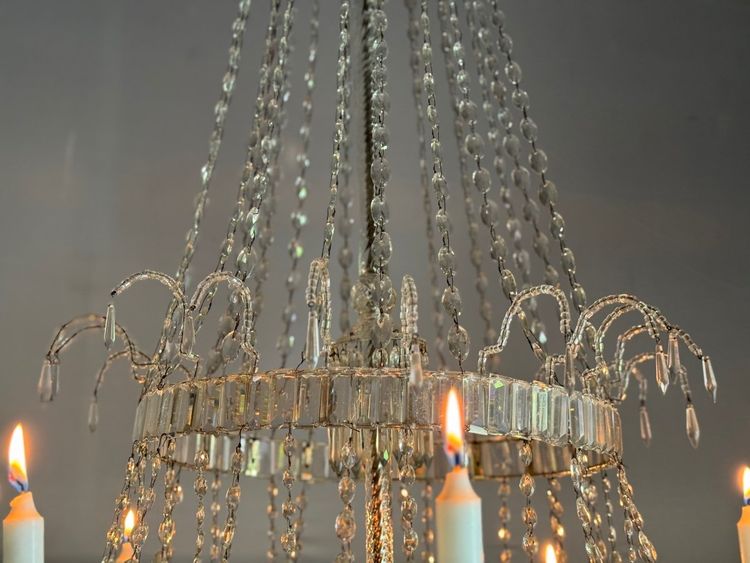 Pearl Bag Chandelier, Cut Crystal Navette Pendants, Circa 1800, Height 170cm