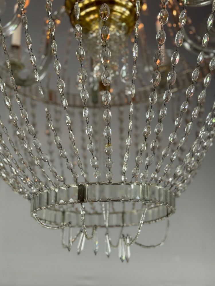 Pearl Bag Chandelier, Cut Crystal Navette Pendants, Circa 1800, Height 170cm