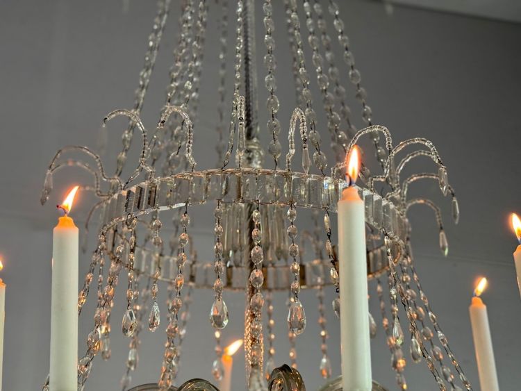 Pearl Bag Chandelier, Cut Crystal Navette Pendants, Circa 1800, Height 170cm