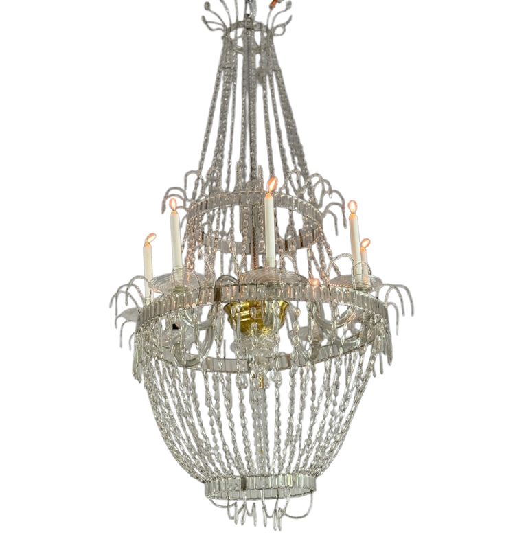 Pearl Bag Chandelier, Cut Crystal Navette Pendants, Circa 1800, Height 170cm