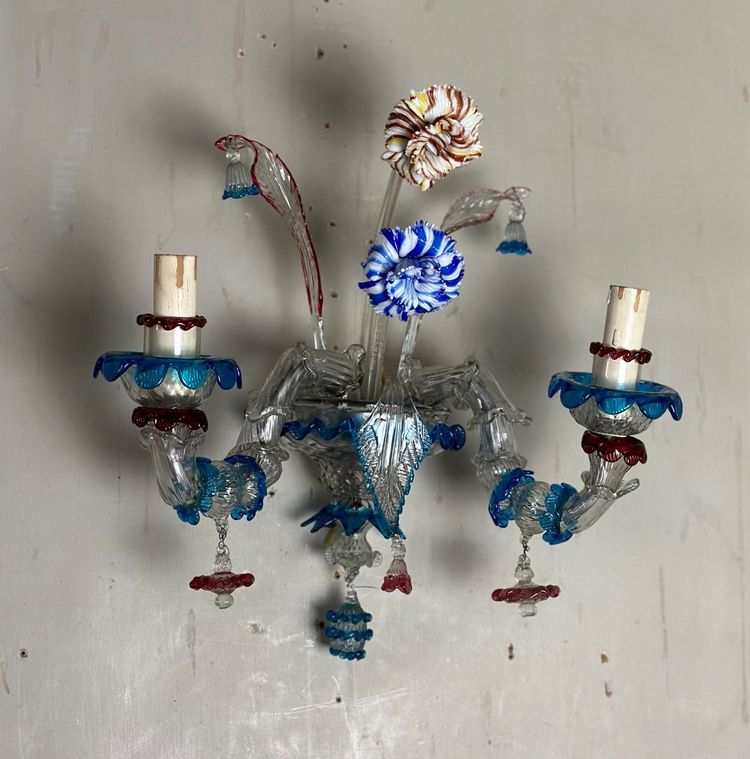 Pair Of Venetian Murano Glass Rezzonico Multicolored Sconces Circa 1920