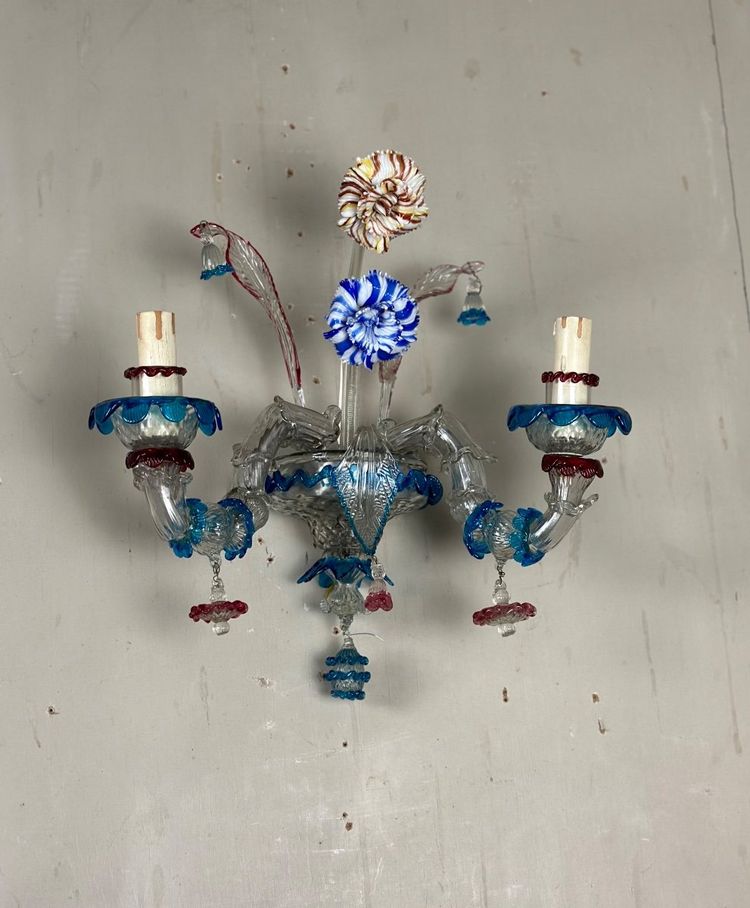 Pair Of Venetian Murano Glass Rezzonico Multicolored Sconces Circa 1920