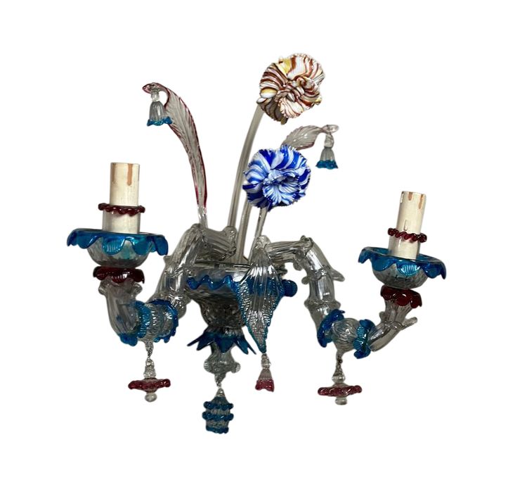 Pair Of Venetian Murano Glass Rezzonico Multicolored Sconces Circa 1920