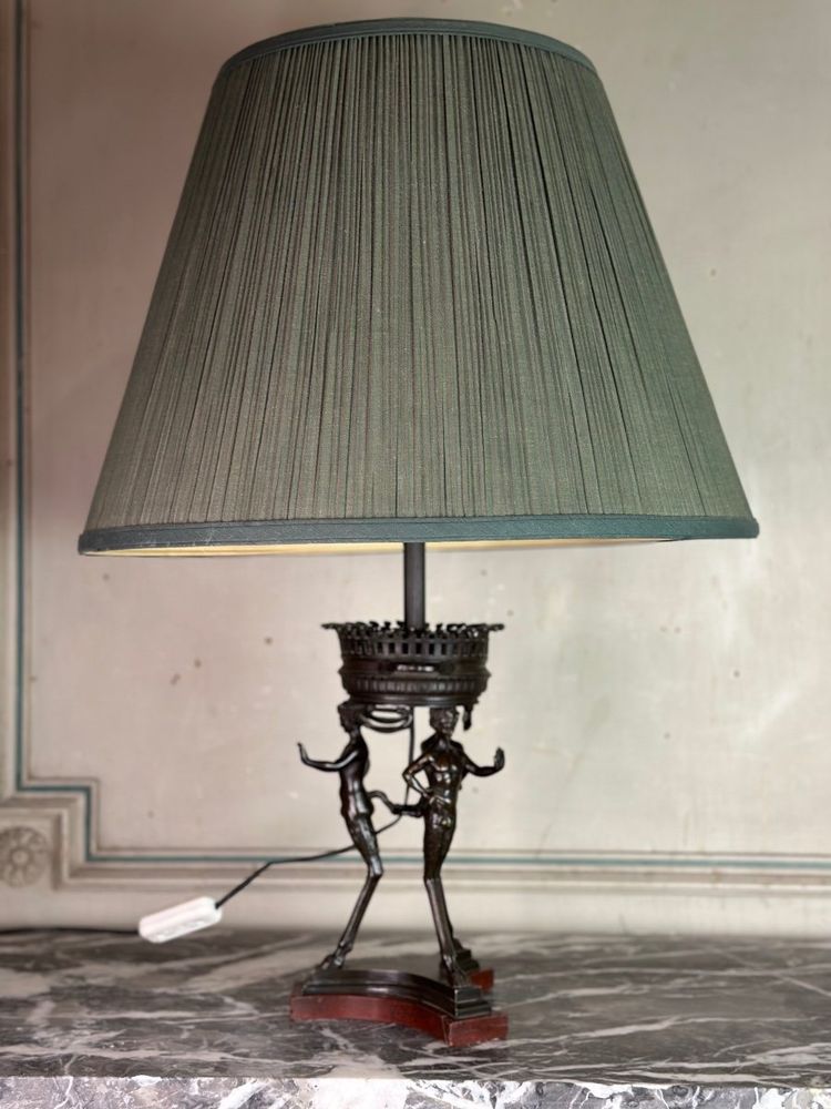 Bronze And Marble Table Lamp, Three Fauns Supporting A Brazier