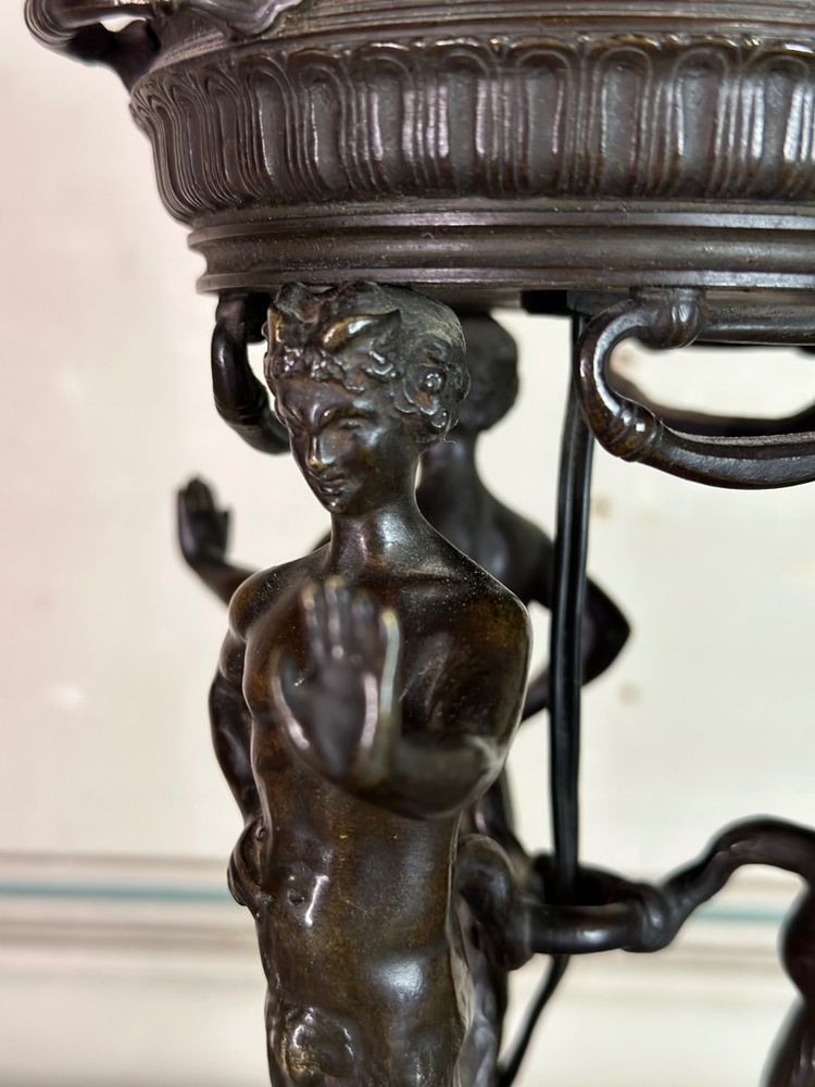 Bronze And Marble Table Lamp, Three Fauns Supporting A Brazier