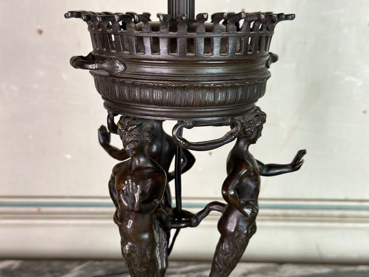 Bronze And Marble Table Lamp, Three Fauns Supporting A Brazier
