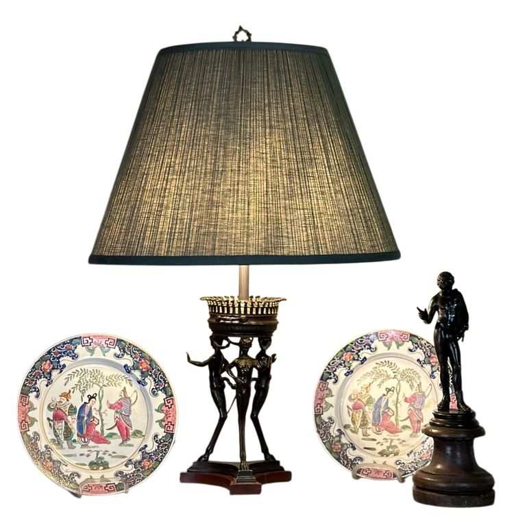 Bronze And Marble Table Lamp, Three Fauns Supporting A Brazier