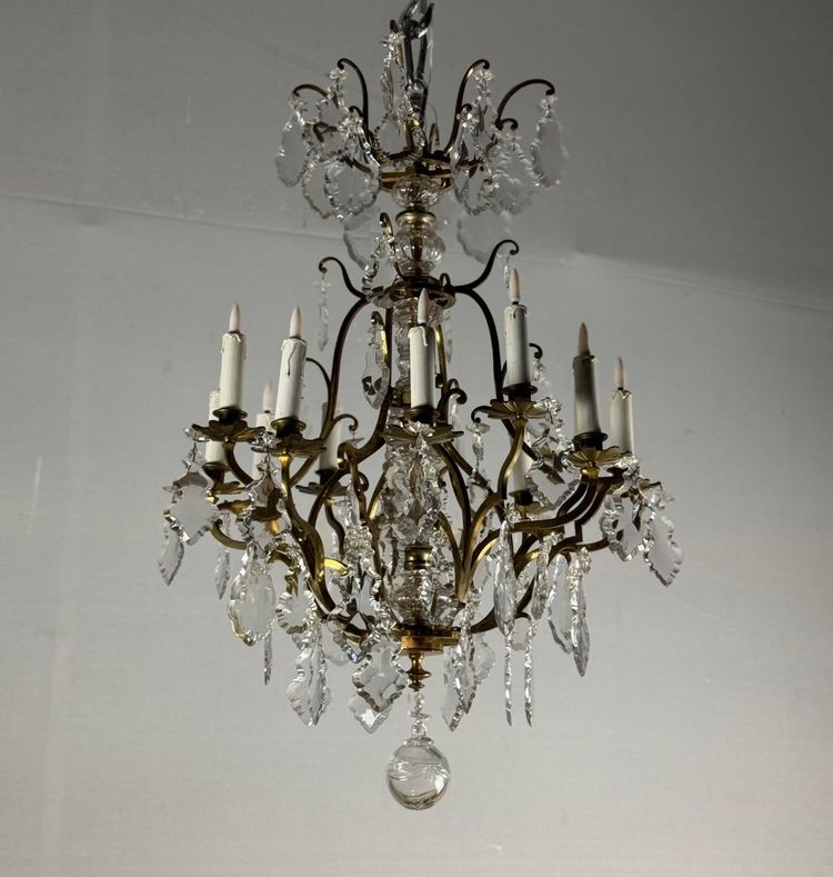 Louis XV Style Gilt Bronze Cage Chandelier Festooned With Pampilles Circa 1920