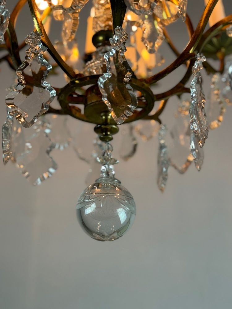 Louis XV Style Gilt Bronze Cage Chandelier Festooned With Pampilles Circa 1920