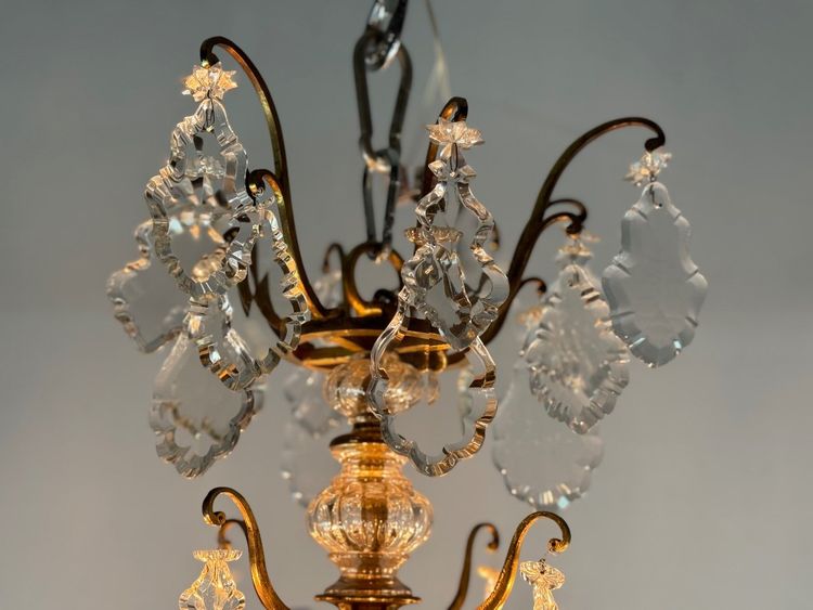 Louis XV Style Gilt Bronze Cage Chandelier Festooned With Pampilles Circa 1920