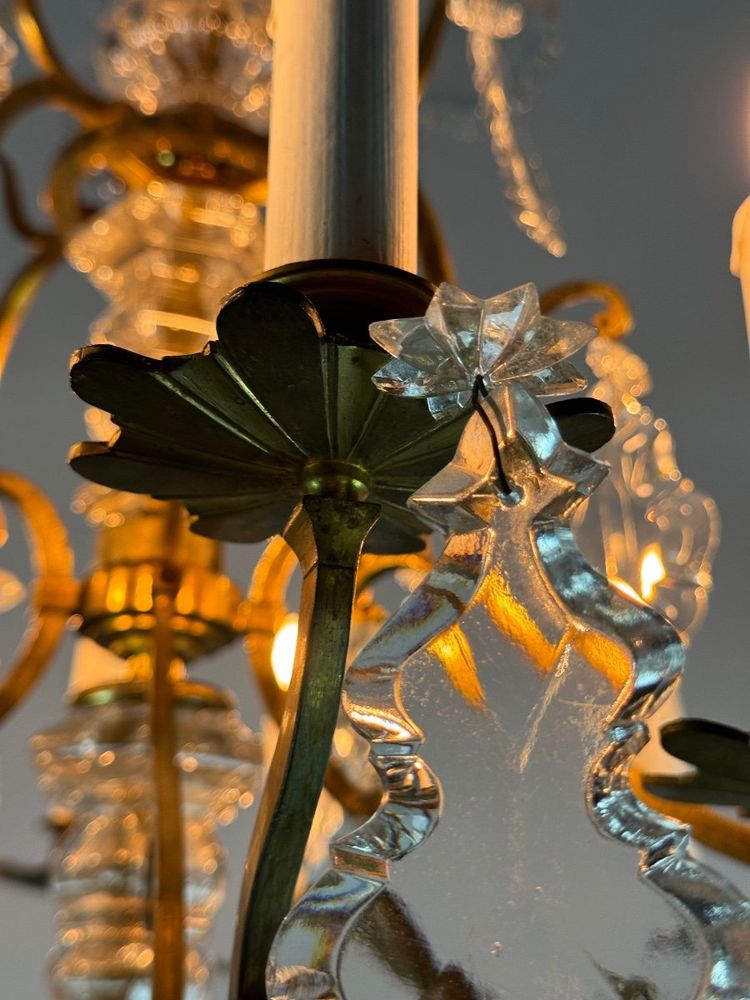 Louis XV Style Gilt Bronze Cage Chandelier Festooned With Pampilles Circa 1920