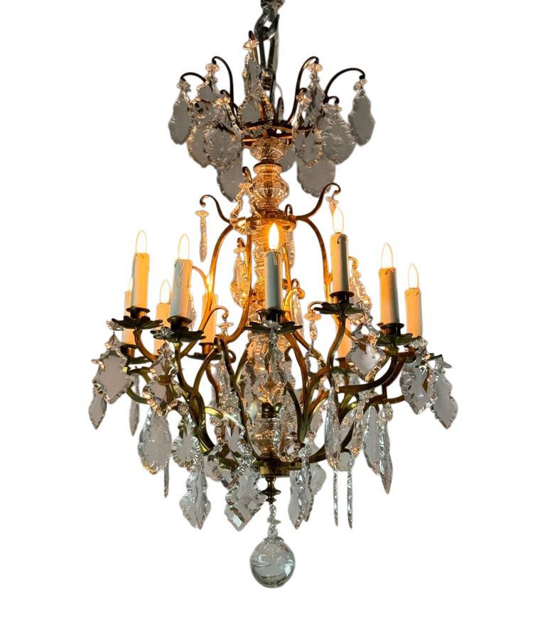 Louis XV Style Gilt Bronze Cage Chandelier Festooned With Pampilles Circa 1920