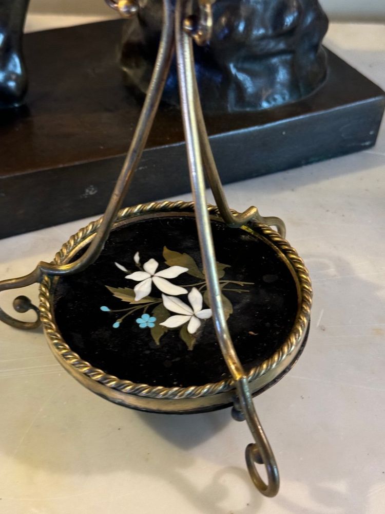 Pair Of Bronze And Pietra Dura Candlesticks, Marble Inlay, Circa 1900