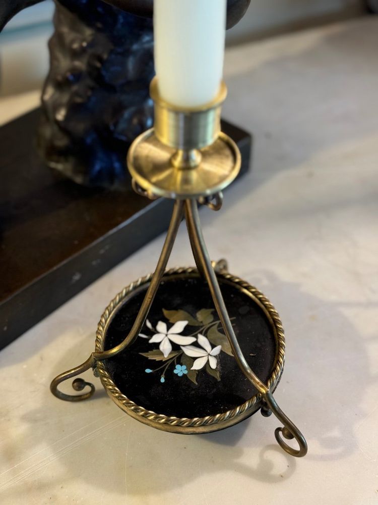 Pair Of Bronze And Pietra Dura Candlesticks, Marble Inlay, Circa 1900