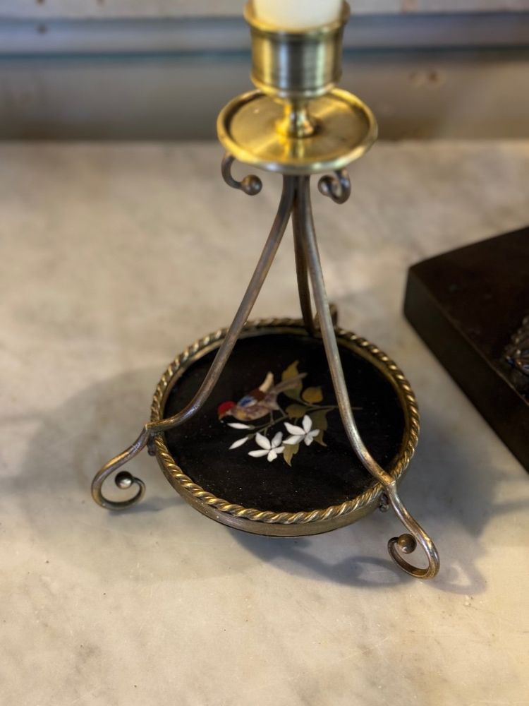 Pair Of Bronze And Pietra Dura Candlesticks, Marble Inlay, Circa 1900
