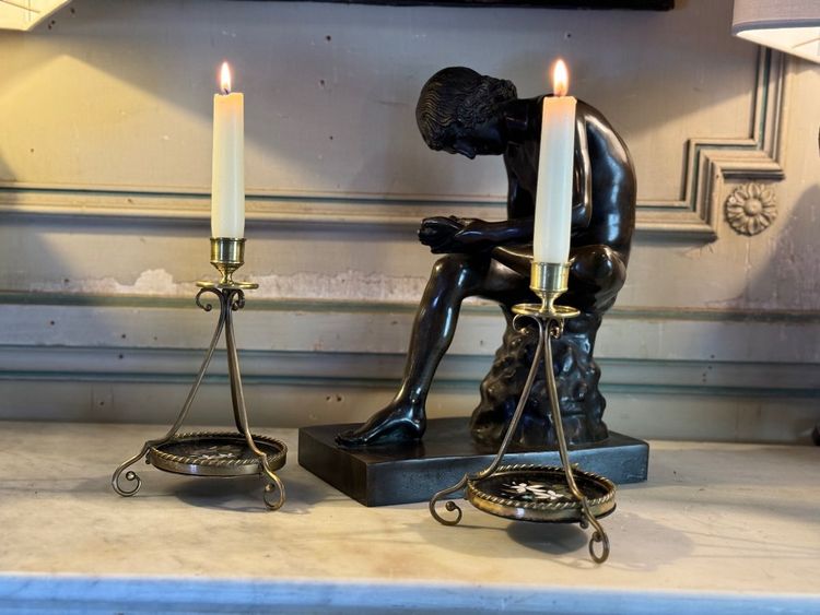 Pair Of Bronze And Pietra Dura Candlesticks, Marble Inlay, Circa 1900
