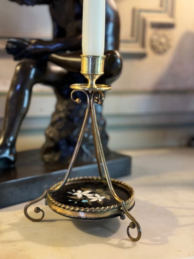 Pair Of Bronze And Pietra Dura Candlesticks, Marble Inlay, Circa 1900