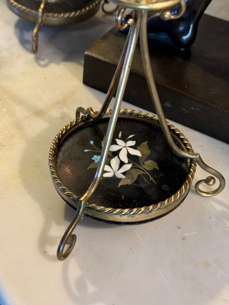 Pair Of Bronze And Pietra Dura Candlesticks, Marble Inlay, Circa 1900