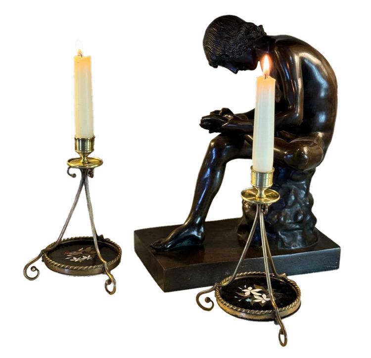 Pair Of Bronze And Pietra Dura Candlesticks, Marble Inlay, Circa 1900