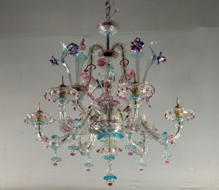 Lampadario Rezzonico Veneziano In Vetro Di Murano Multicolore Del 1900 circa