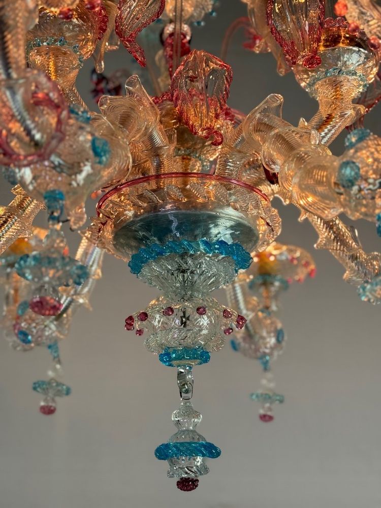 Lampadario Rezzonico Veneziano In Vetro Di Murano Multicolore Del 1900 circa
