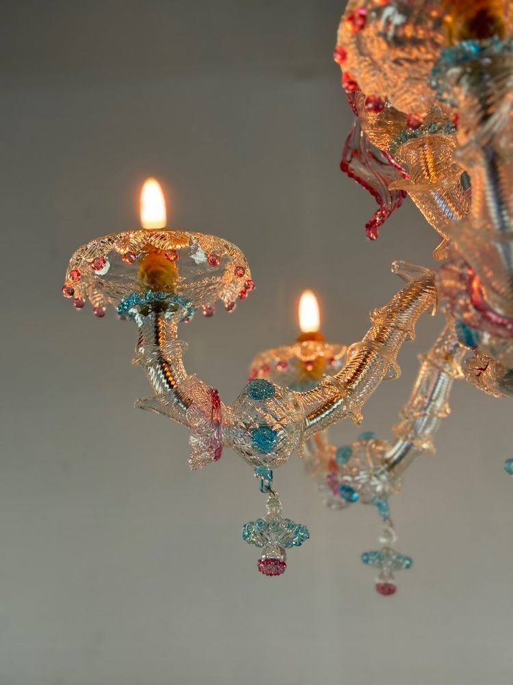 Lampadario Rezzonico Veneziano In Vetro Di Murano Multicolore Del 1900 circa