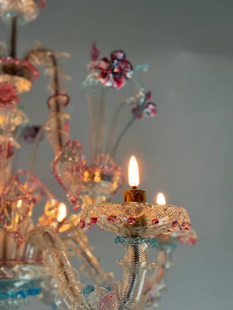 Lampadario Rezzonico Veneziano In Vetro Di Murano Multicolore Del 1900 circa