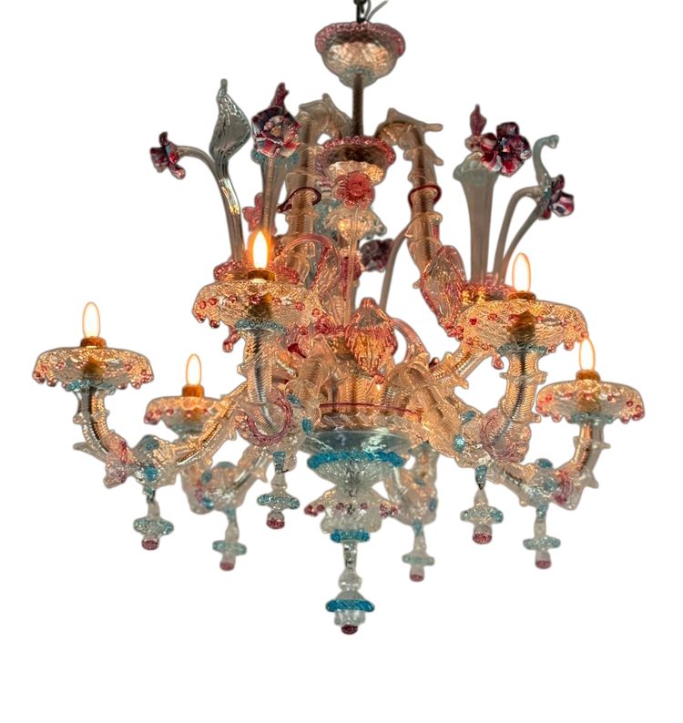 Lampadario Rezzonico Veneziano In Vetro Di Murano Multicolore Del 1900 circa