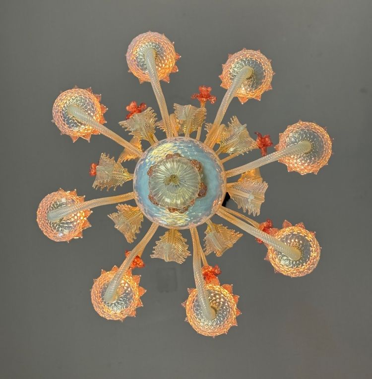 Venetian Chandelier in Opalescent, Gold and Red Murano Glass, 8 Light Arms Circa 1930