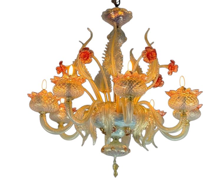Venetian Chandelier in Opalescent, Gold and Red Murano Glass, 8 Light Arms Circa 1930